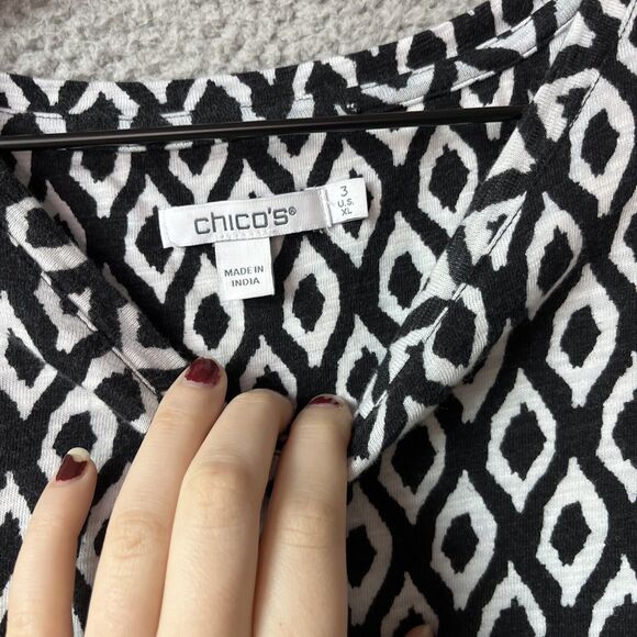Chicos Top 3 XL Puff Sleeve Diamond Geometric Black White T-Shirt Chic Work - Picture 4 of 12